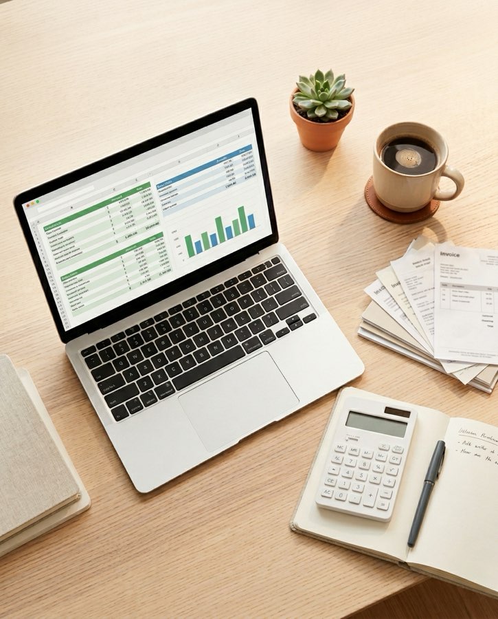 Clean bookkeeping workspace with laptop, calculator, invoices, and coffee