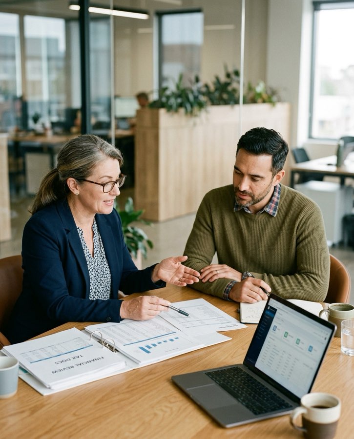 Accountant and small business owner reviewing reports together