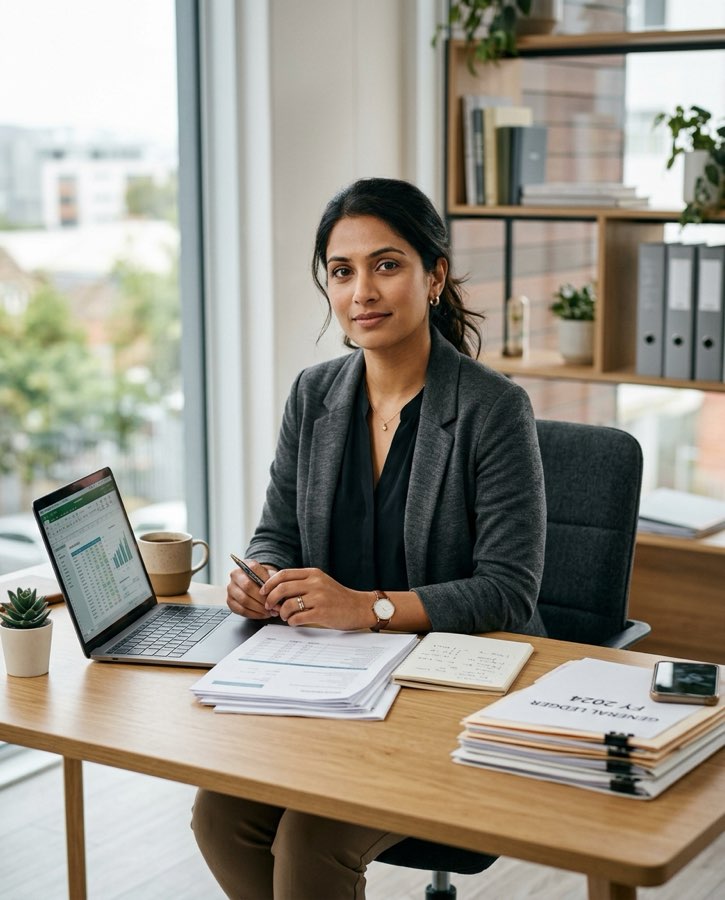 Professional accountant seated at a desk with reports and laptop