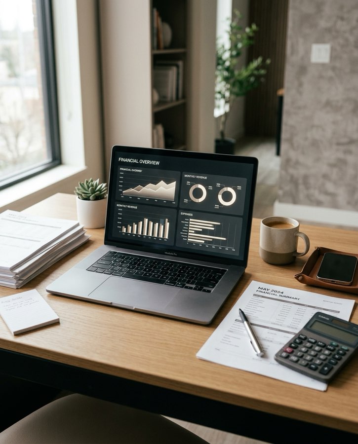 Reporting desk with laptop dashboard, statements, and calculator